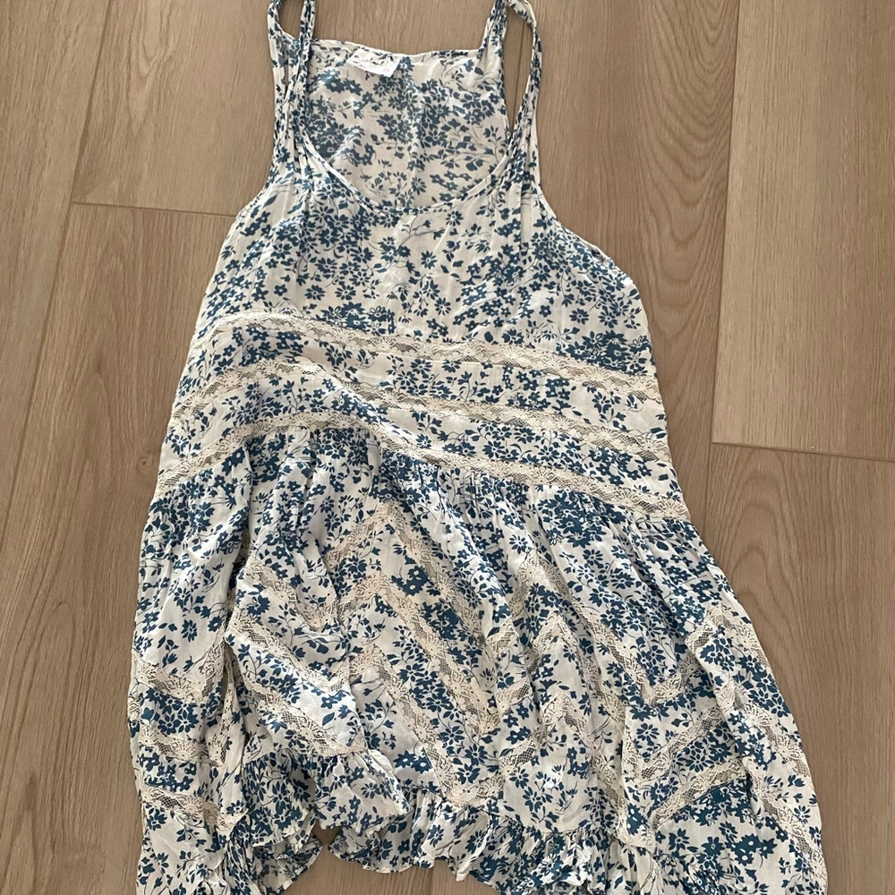 FREE PEOPLE WHITE TEAL MIDI FLORAL PRINT PATTERN / LACE DRESS SIZE EXTRA SMALL